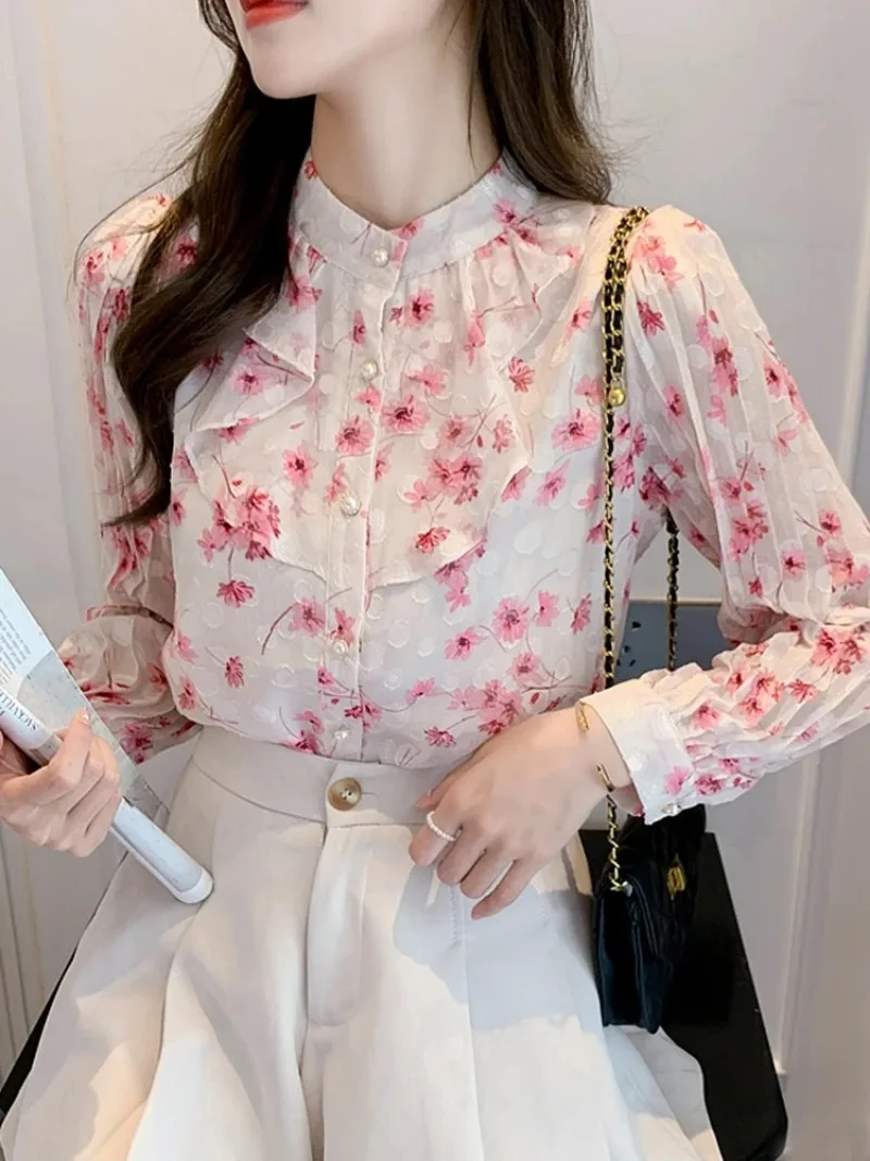 Vrouwen Ruches Print Chiffon Blouse Shirt Lange Mouw Blouse Vrouwen Blusas Mujer De Moda 2024 Blouses Femme Shirts Vrouwen Tops F391