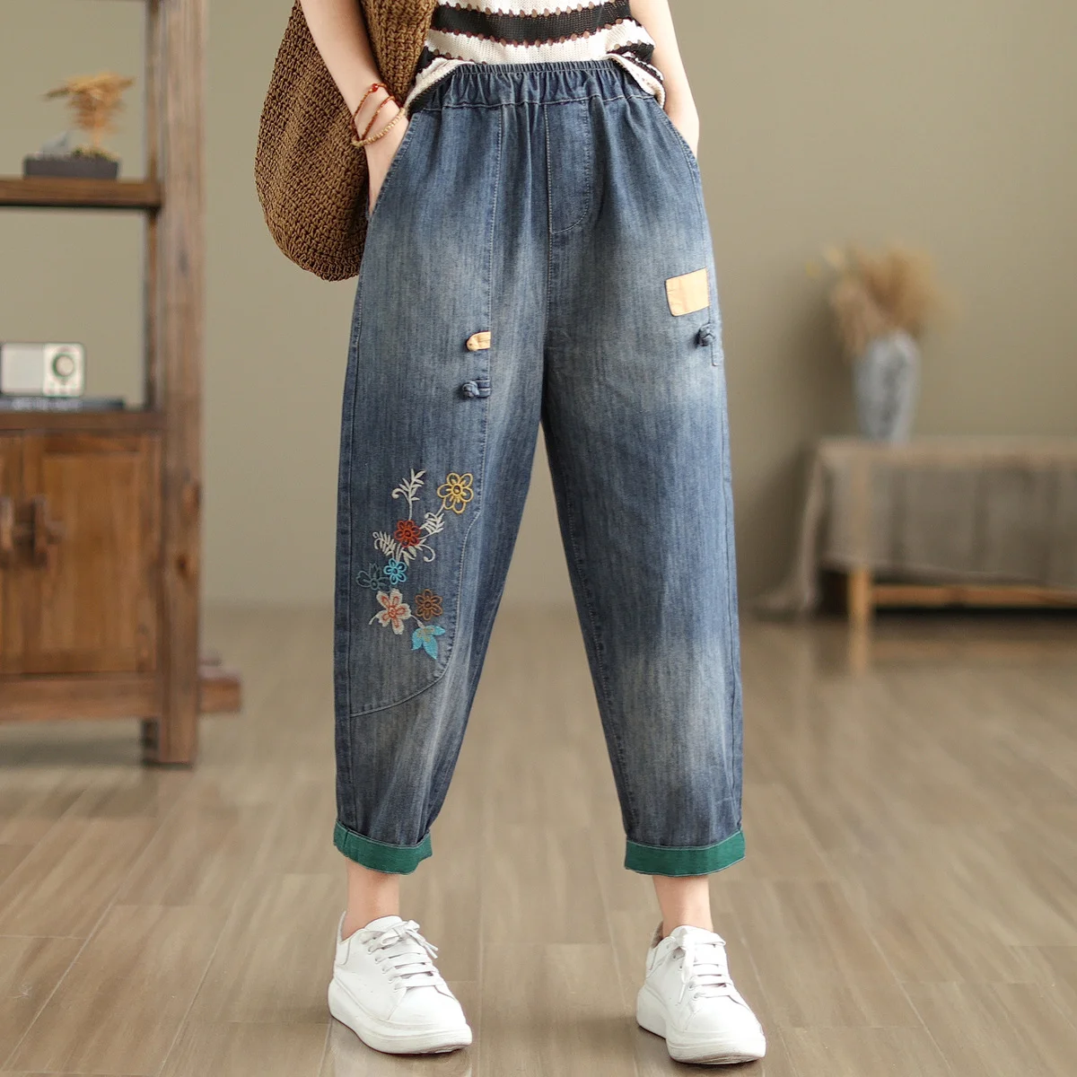 

Mori Kei Jeans Women Spring Autumn Knot Button Flowers Embroidery Loose Denim Harem Pants Japanese Vintage Clothing