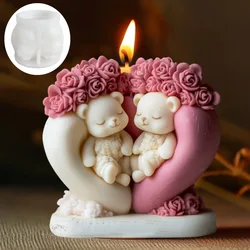 Cute Love Bear Candle Silicone Mold Rose Flower Animal Bear Epoxy Resin Mould Love Flower Bear Gypsum Molds Valentine's Day Gift