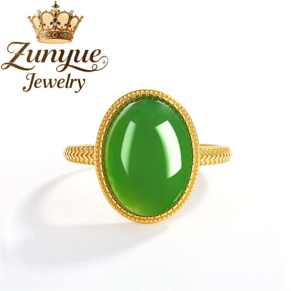 

Natural Hetian Jade Jasper Spinach Green Large Egg Surface Jade Ring S925 Silver Inlaid Women's Ring Fashionable Ring Adjustable