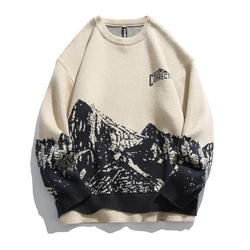 Japanese Vintage Snow Mountain Jacquard Round Neck Sweater Men Casual Fashion Loose Knitwear Couple Street Harajuku Pullover