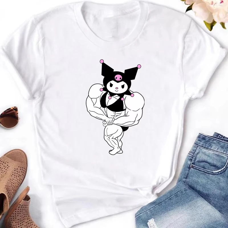 Muscle Sanrioes Women's T-Shirt Anime HelloKitties Cinnamon Kuromis Fun Model Cartoon Clothing Casual Cotton Couple's T-Shirt