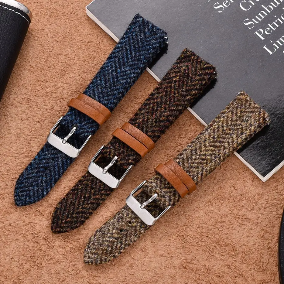 Wool Weave Leather Watch Strap 18mm 20mm 22mm Vintage Leather Strap Quick Release Strap Bracelet Wristband For Huawei Watch GT2