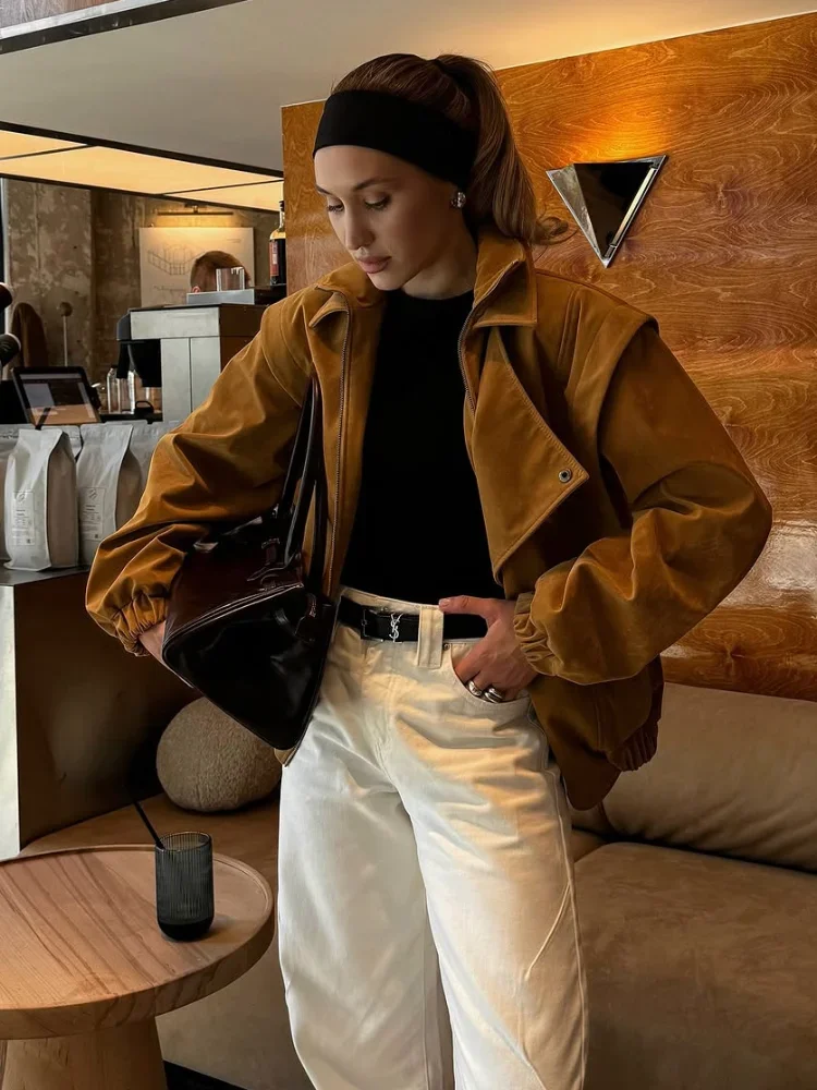 Giacca casual in tessuto scamosciato con cerniera raglan da donna Chic bavero manica intera tasca cappotto corto allentato Lady nuovo autunno quotidiano streetwear