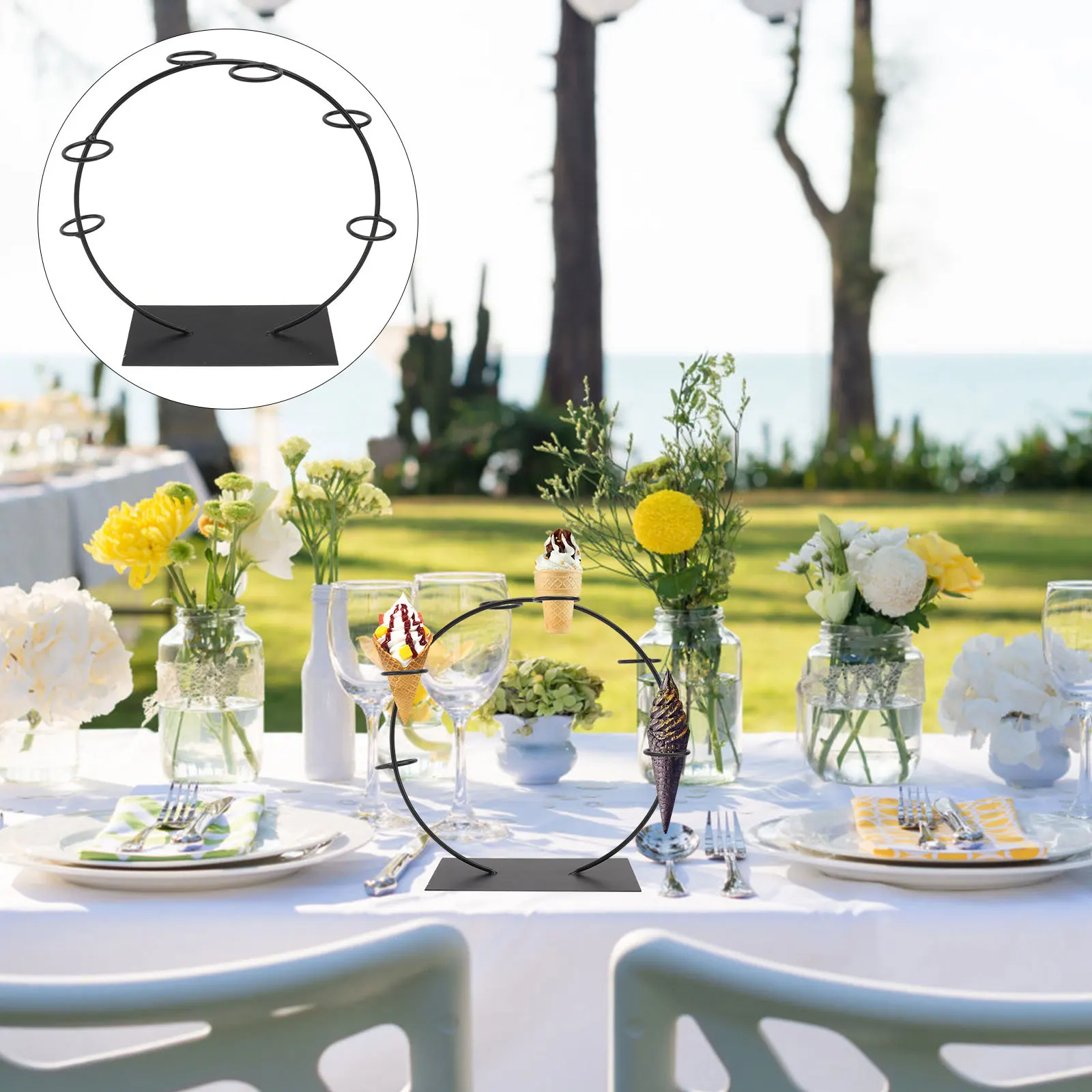 1 قطعة طاولة الحلوى الزفاف الحديد رف شاشة 6-فتحة الآيس كريم مخروط أسود قاعدة مستقرة تصميم أنيق لسوق الحفلات