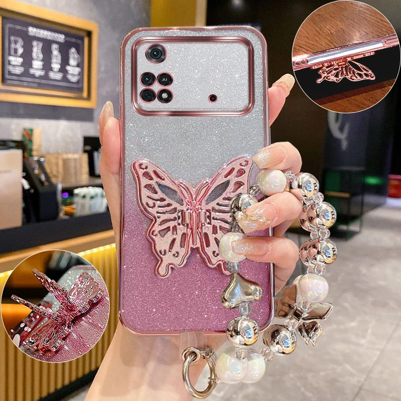 

M4pro Glitter Plating Butterfly Holder Silicone Case for Xiaomi Poco M4 Pro M6 M5s F6 F5 C65 Shockproof Cover Girls Gift Pococ40