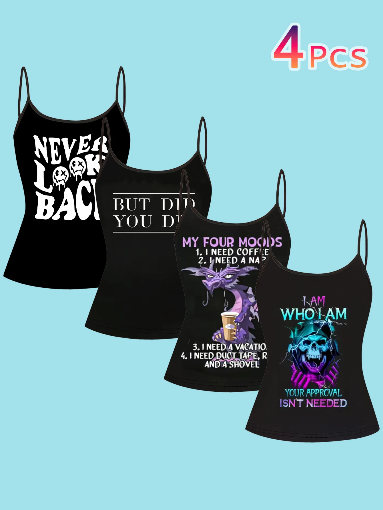 4-Piece Set of Women's Black Spaghetti Strap Camisoles with Humorous English Slogans and Skull and Dragon Designs, Slim-Fit Sleeveless Tops, Stylish Outerwear and Inner Layering Shirts