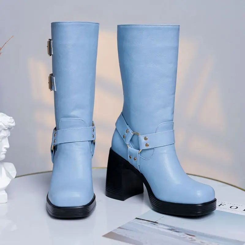 REAVE CAT Brand Mid Calf Boots Toe Block High Heel 9cm Slip On Belt Buckles Daily Female Booties Big Size 41 42 43