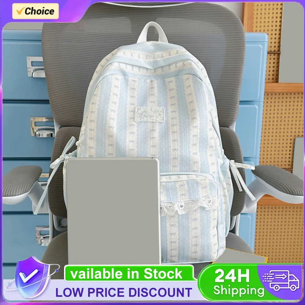 Women Nylon Stylish Strip Backpacks Multi-Pocket Cute Lace Trim Book Bags Lovely Macaron Color Schoolbag Spring Outing Backpack