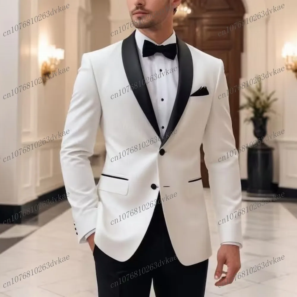 

New White And Black Business Men Suit Wedding Party Prom Groom Groomsman Formal Occasions Male Tuxedos 2 Piece Set Blazer Pants