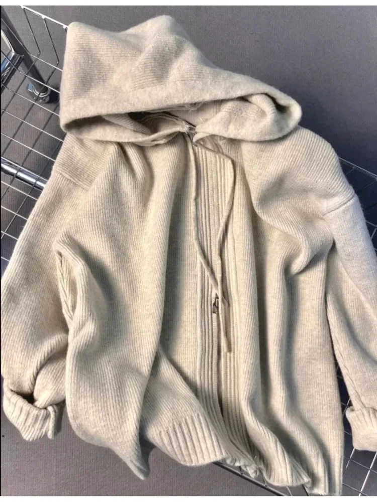 Gray Knitted Coats Gray Zipper Sweater Women Autumn 2024 Long Sleeve Cardigan Jacket with Hooded Casual Loose Vintage Y2k Tops