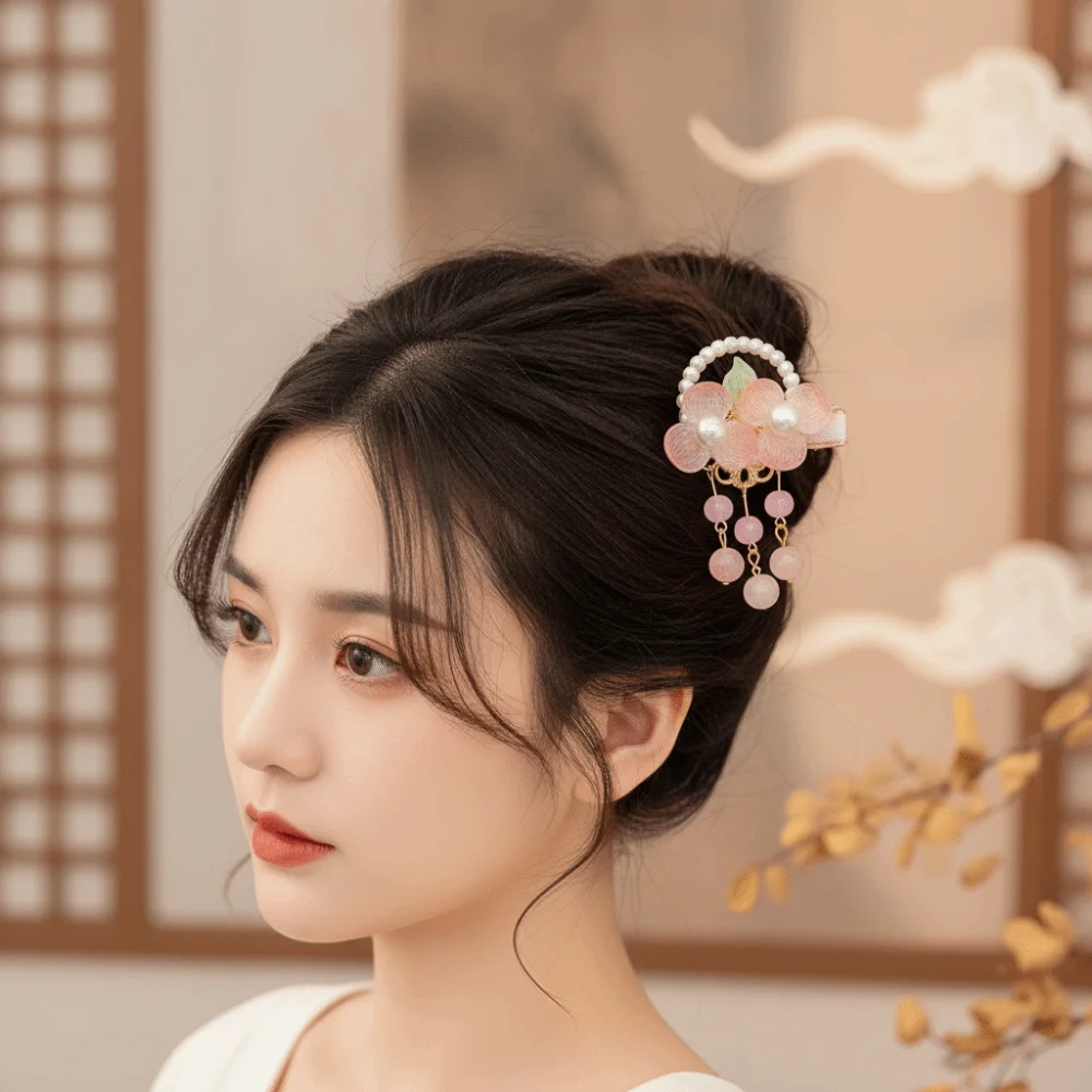Chinese Jewelry Vintage Hanfu Headwear Cute Floral Flower Hairpins Colorful Handmade Bunny Headpiece Photoshoot