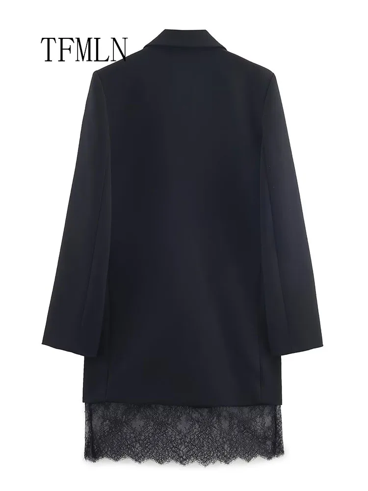 TFMLN 2026, женское платье-пиджак с кружевной отделкой, модный пуловер с длинными рукавами и зубцами, повседневное шикарное платье, элегантное офисное женское платье с карманами
