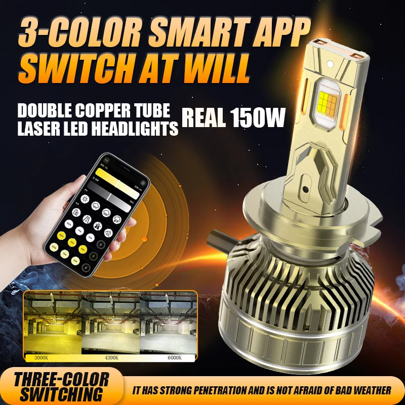 2pcs H7 APP Control 3Color H4 Car LED Headlights Bulbs 150W LEDH1 H8 H9 H11 Fog Light 9005 HB3 9006 HB4 LED Headlamp Auto Lights