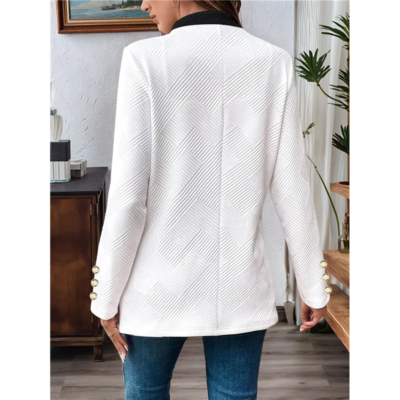 P5-Long Sleeve Notch- طوق أبيض وأسود اللون مطابقة سترة الزي للنساء الأساسية خريف شتاء