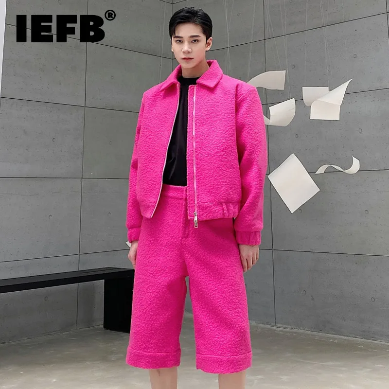 IEFB New Fashion Men's Set Autumn Male Two-piece Thickened Turn-down Collar Short Cotton Coat Woolen Wide Leg Shorts 9A583