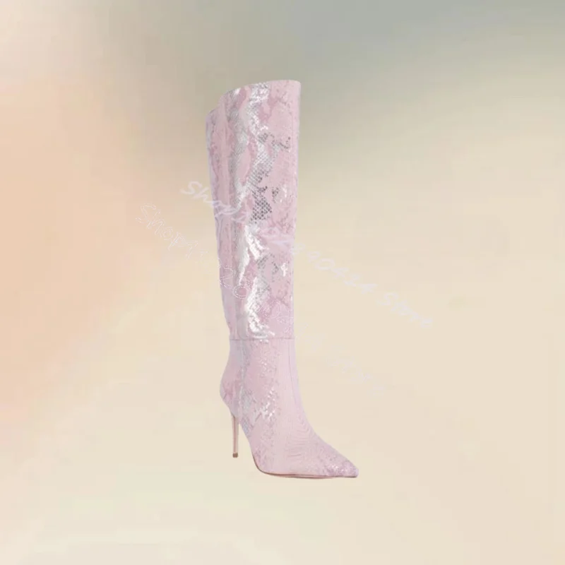 

Pink Glitter Snakeskin Print Pointed Toe Boots Slip On Women Shoes Thin High Heels Fashion Party Feast 2025 Zapatos Para Mujere