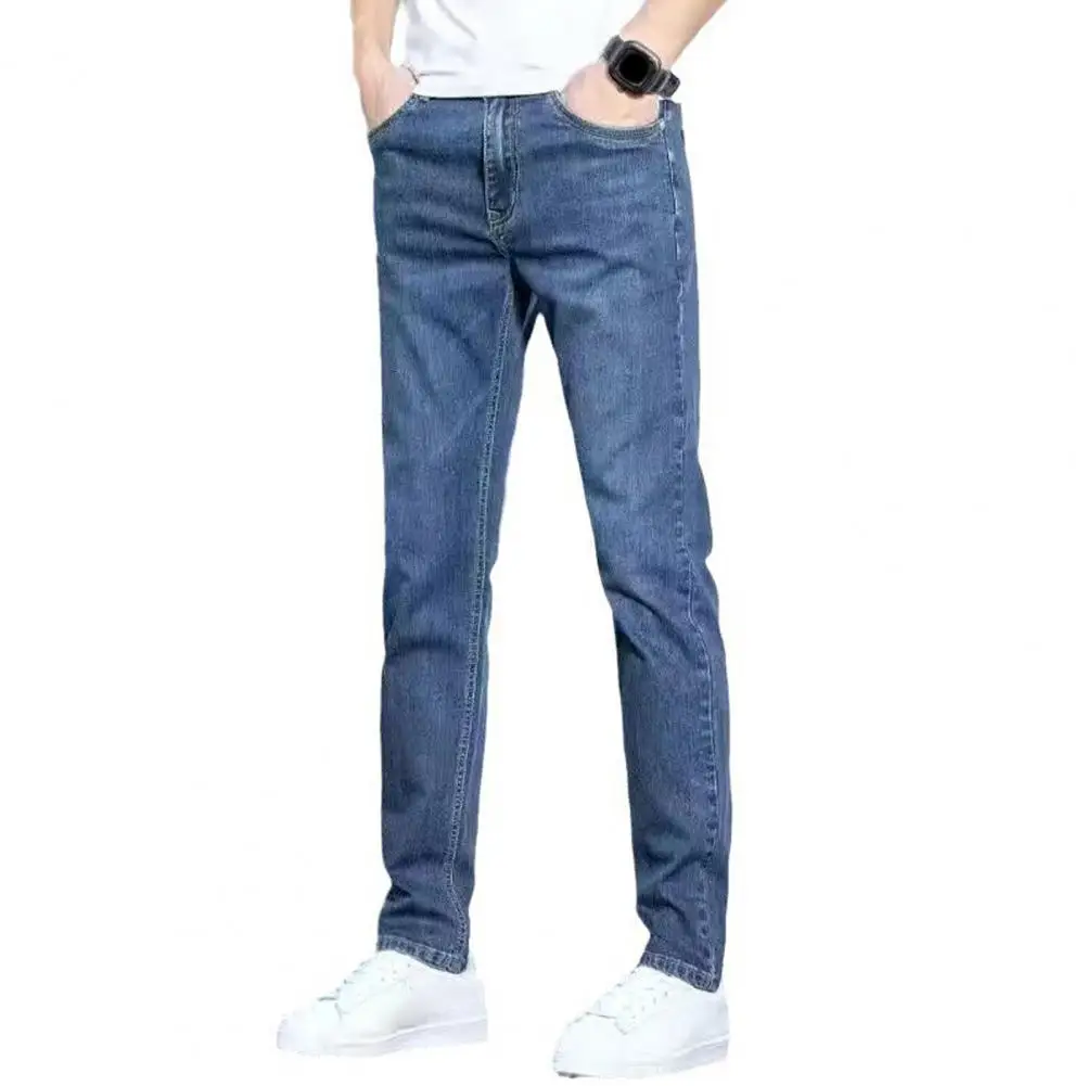 

Korean Men Jeans Mid-rise Button Zipper Pencil Denim Pants with Pockets Small-Legged Distressed Long Jeans