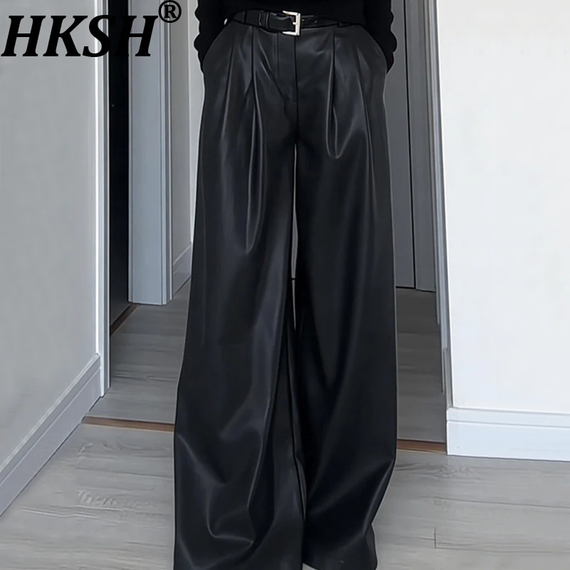 HKSH Women's PU Leather Wide Leg Pants Solid Color Draped Pleated Versatile Elegant High Street Casual New Spring Autumn HK20323