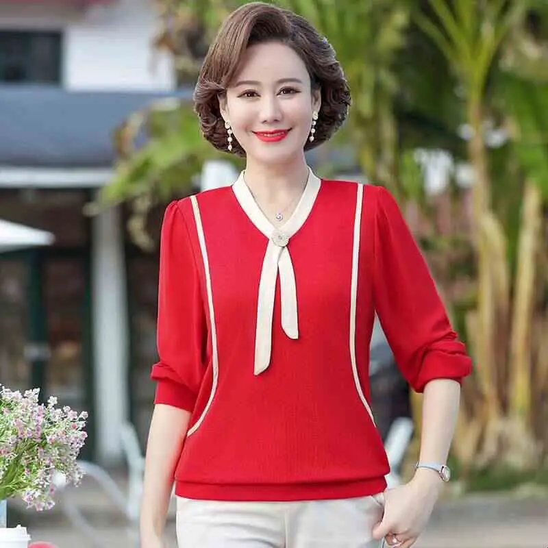 Middle-aged Women's Spring Long Bottoming Shirt Foreign Style V-neck Thin Polyester Silk Casual Wear Spring Season Ladies