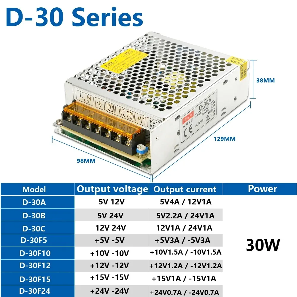 Dual Output Switching Power Supply 30W D-30A 5V 12V D-30B 5V 24V D-30C 12V 24V Input 100-240V LED Power SMPS for Electronics