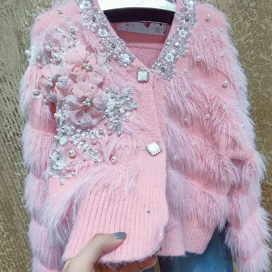 Fairy Pearls Beaded Pink Big 3D Flowers Sequins Plush Sweater Coat Diamonds V-Neck Floral Knitted Cardigan Furry Knitwear Tops