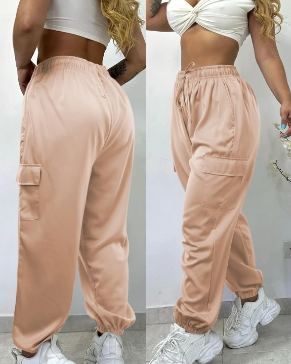 Pantalones largos deportivos de cintura alta para mujer, pantalón informal a la moda, diseño con bolsillos, cintura elástica con cordón, Cargo con puños, primavera 2024