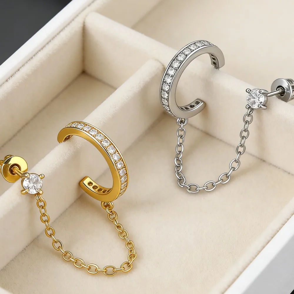 1PC INS Elegant Clip Stud Earring For Women Shiny Zircon Piercing New Fashion Chain Ear Accessory Gold Color Cartilage Jewelry
