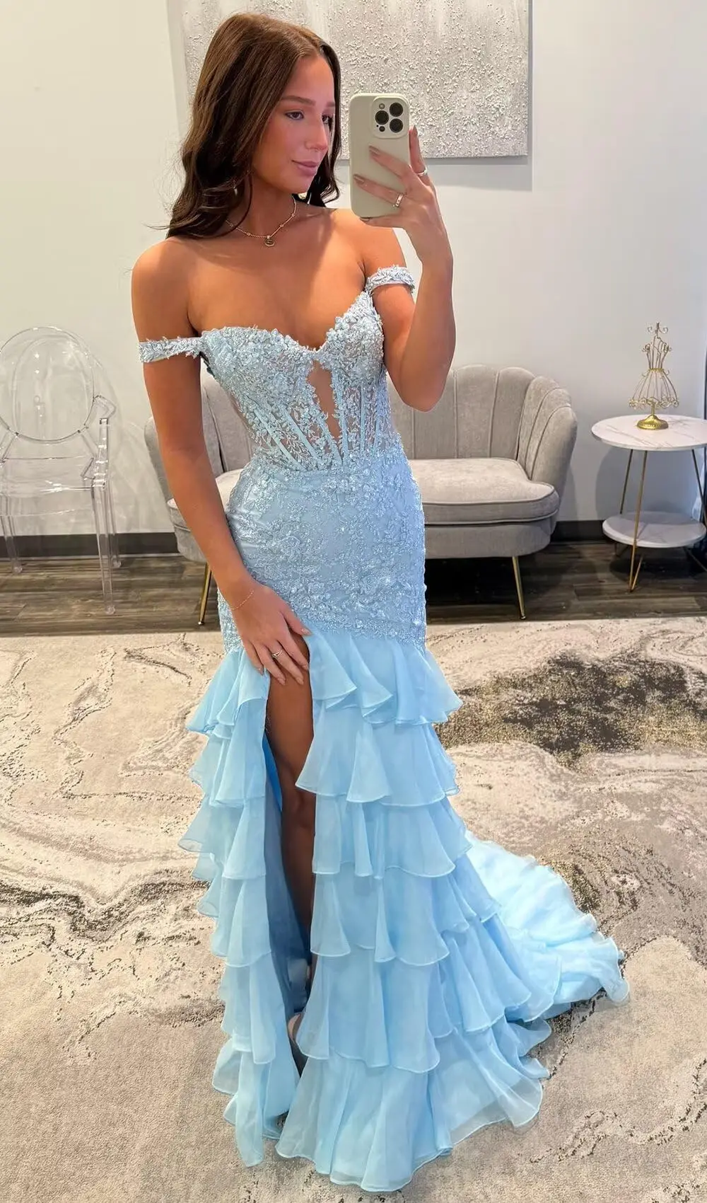 

Mermaid Prom Dresses for Women Tiered Chiffon Lace Applique Birthday Dress with Slit