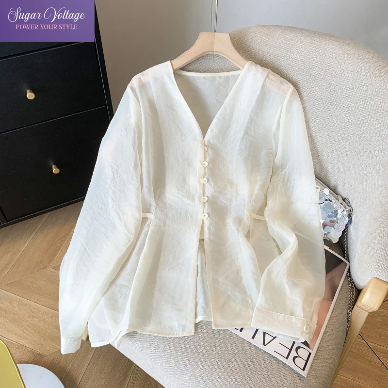 

French Elegant V Neck Long Sleeve Shirt Women Tie Waist Loose Fit White Chiffon Blouse Lightweight Sunscreen Cardigan Summer