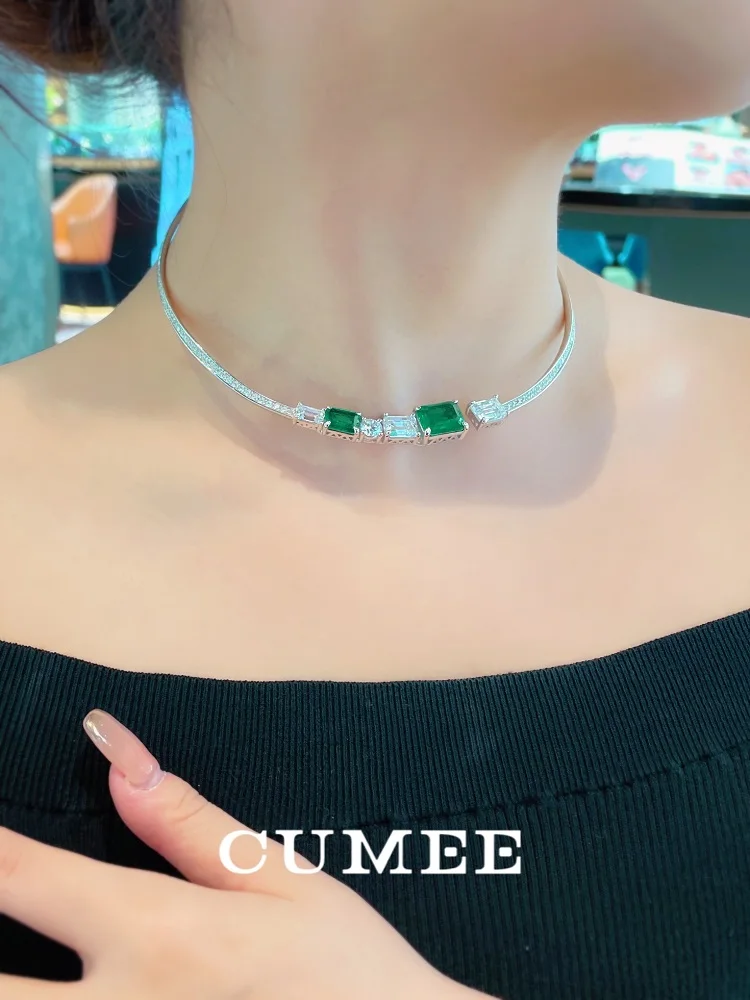 Cumee 925 Silver Cultivation Emerald Collar Necklace Open Round Chain Jewelry Statement Choker Necklace for Women Summer Beach