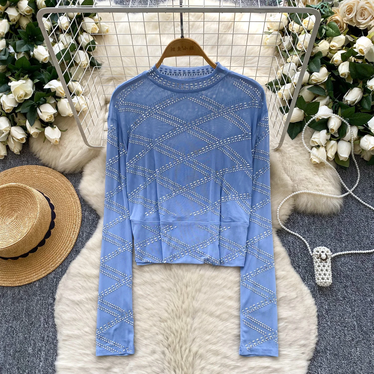 

Elegant Sexy long sleeve Spliced rhinestone mesh Top Women Korean Fashion High Street Autumn Clothing
