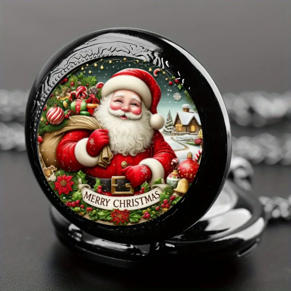 Exquisite Black Round Santa Claus Design Quartz Pocket Watch, Alloy Case & Strap, Perfect Christmas Gift for Kids Men