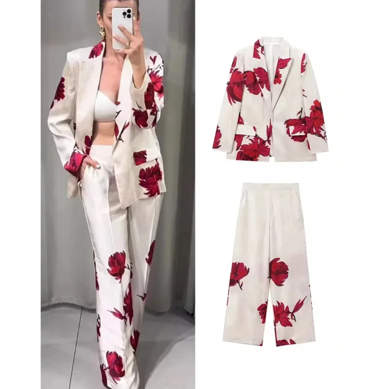 

Elegant Print Blazer Suit Women Casual Wide Leg Pants Two Piece Sets 2024 Autumn Classic Office Lady Work Street Outfit Tracksui