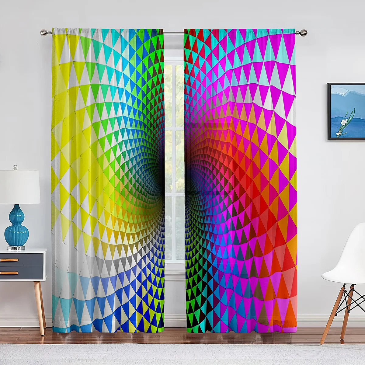 Colorful Rainbow Curtain Geometric Pattern Curtain Abstract Curtain for Bedroom Living Room Window Thin Curtain 2panel 75%shade