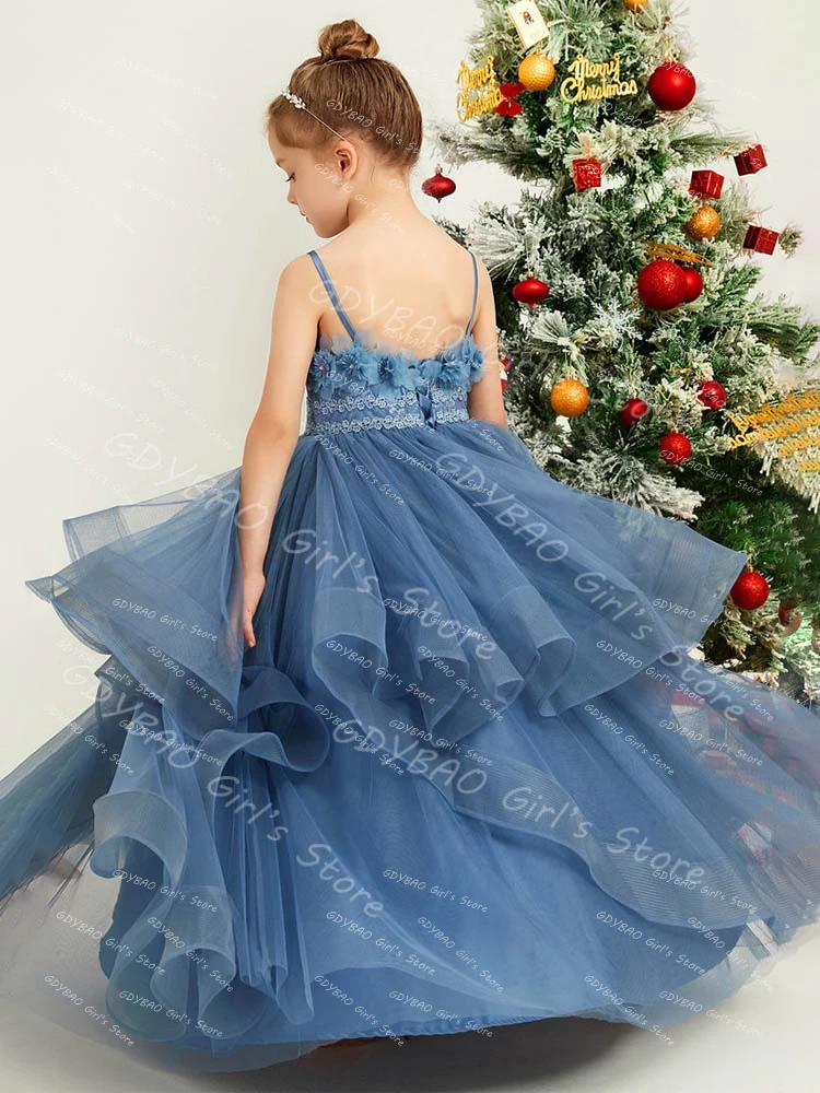 Tule em camadas vestidos da menina de flor para o casamento crianças cinta princesa pageant vestidos personalizado 3d floral renda comunhão vestido festa