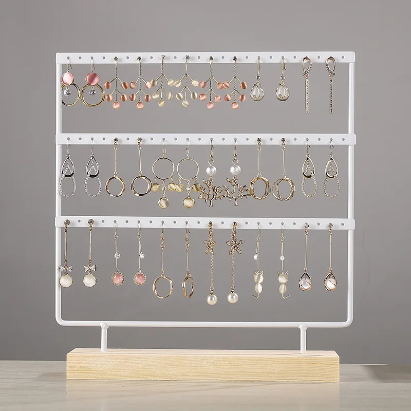 Gold Earrings Jewelry Display Stand Metal Jewellery Organizer Holders Wooden Base Storage Rack Store Decoration Gifts