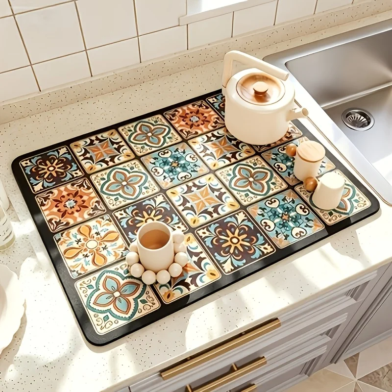Medium‑Large Vintage Mosaic Dish Drying Mat,Quick Dry Absorbent Coffee Tray,Durable Decor Pad for Kitchen Counter & Dining Table