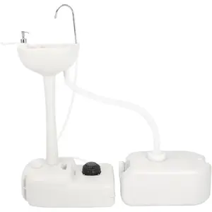 Portable Camping Sink w/ 19L Water Tank Rolling Wheels Towel Holder Soap Dispenser Faucet, Outdoor Foot Pump Washing Station for