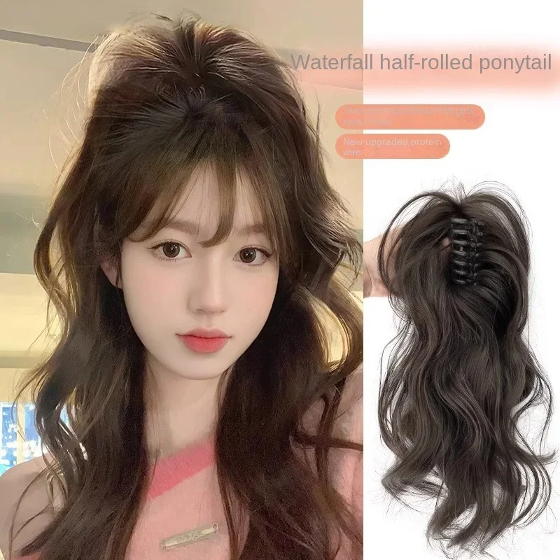 Wig Female Long Hair Light No Drop Feeling Grab Clip High Ponytail Simulation Hair Natural Long Curly Ponytail hair extension