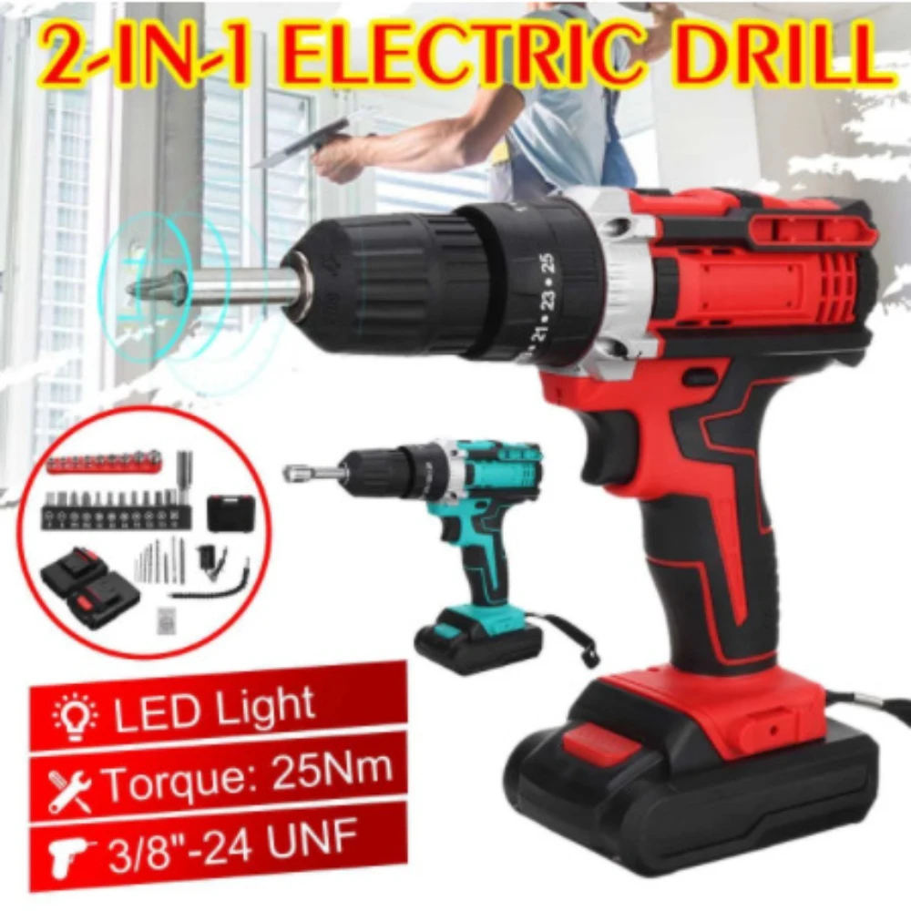 

21V 1000W Electric Impact Drill 3 In 1 Electric Cordless Lithium-Ion Battery Mini Electric Power Screwdriver 2 Speed Power Tools