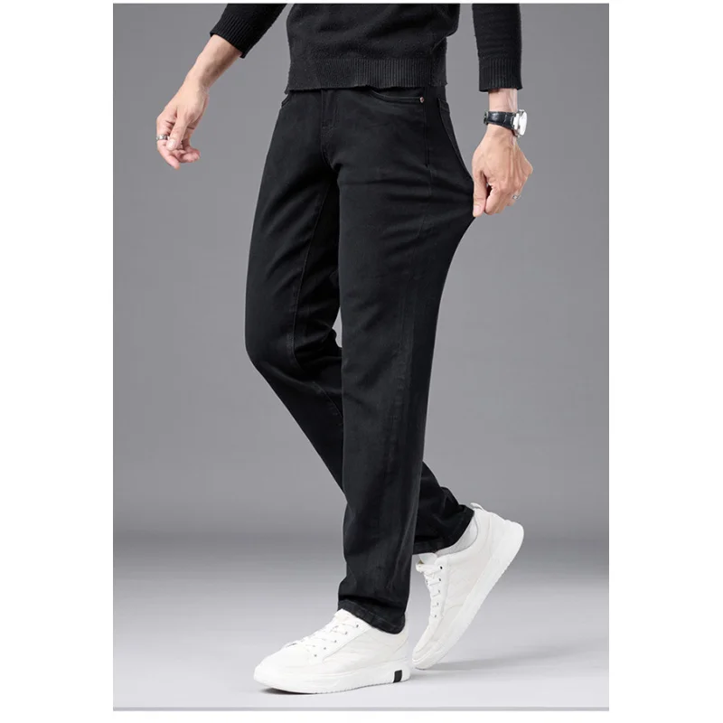 High end outono novos jeans masculinos 2025 na moda magro ajuste tubo reto elástico versátil casual preto calças compridas