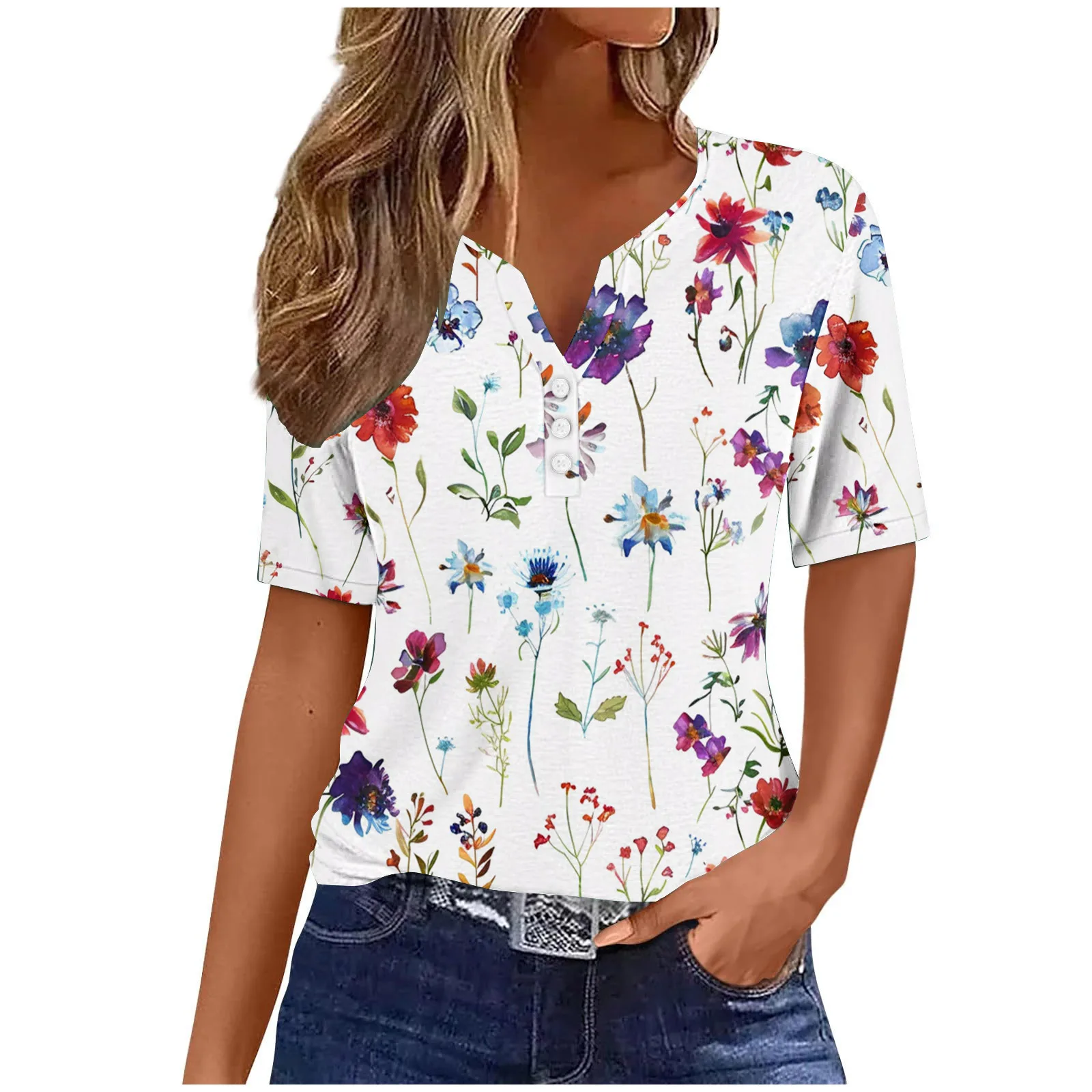 

Plant printed new button top with short sleeved design, casual and loose fit, slimming and slimming, 2024 fashion WG19