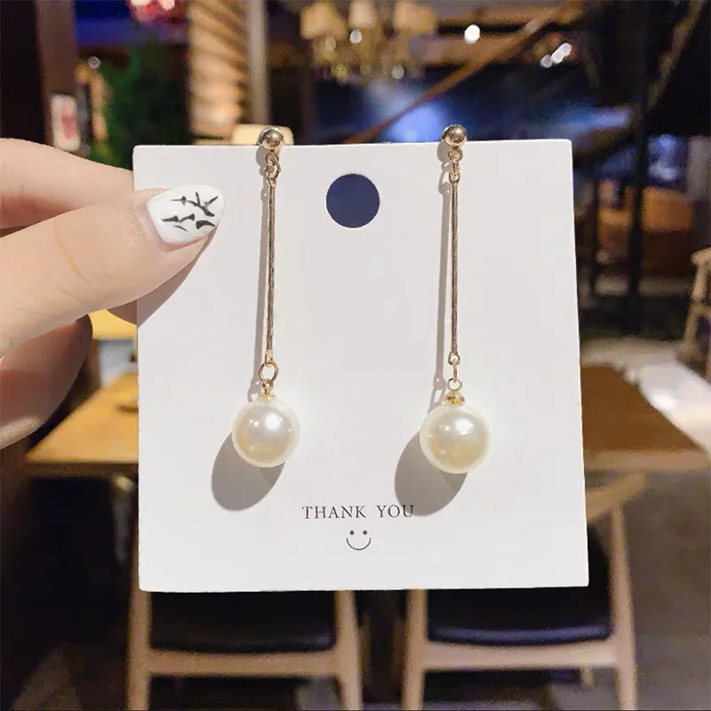 Korean White Pearl Long Dangle Earrings for Women Simple Tassel Round Imitation Pearl Ear Jewelry Valentine\'s Day Gift
