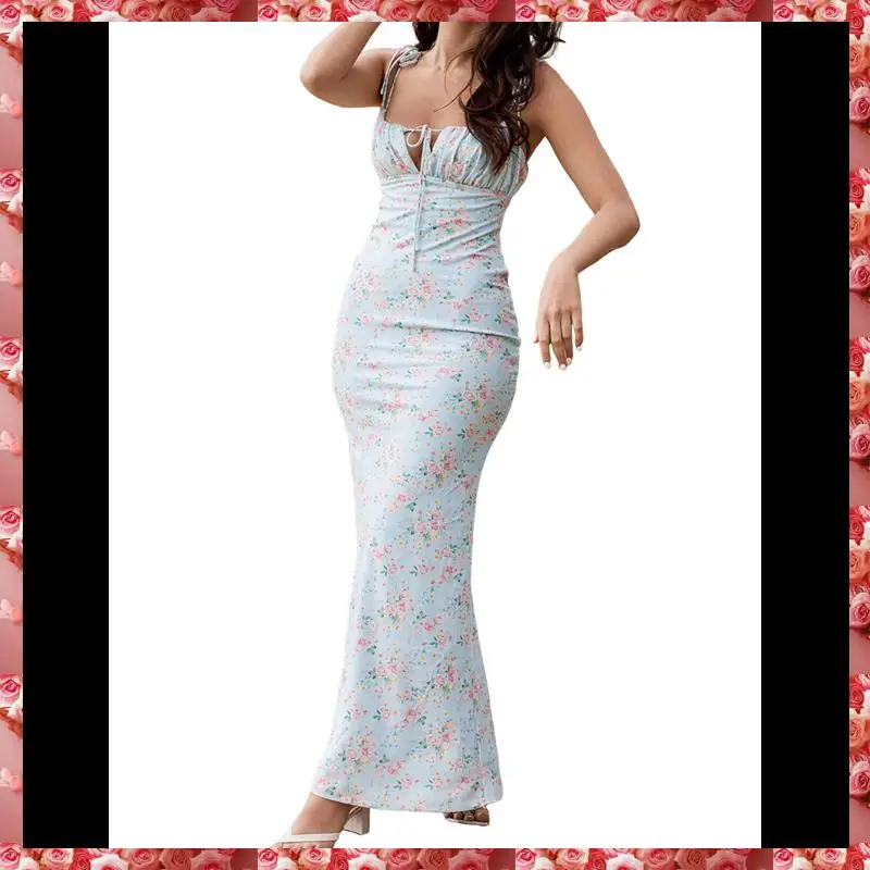 Abito lungo aderente floreale estivo da donna Abito lungo bohémien senza maniche con cinturino per spaghetti