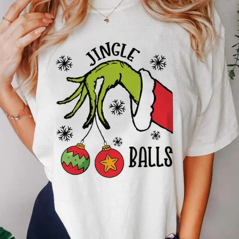 New Fashion Funny Jingle Balls Grinch Hand Pattern Printed Women's T-Shirt 90s Cute Casual Short Sleeve Top Beautiful Women's T-