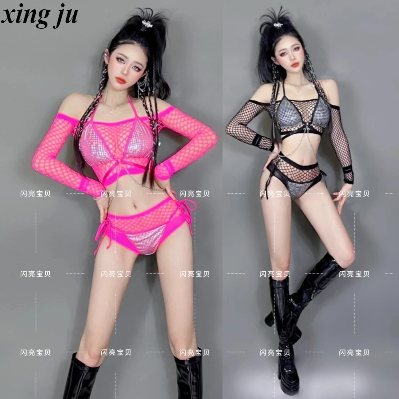 

Nightclub DJ Sexy Pink See-through Hollow Out Tops Tight Lace-up Shorts Women Festival Clothing Stage Costume Pole Dance Outfits