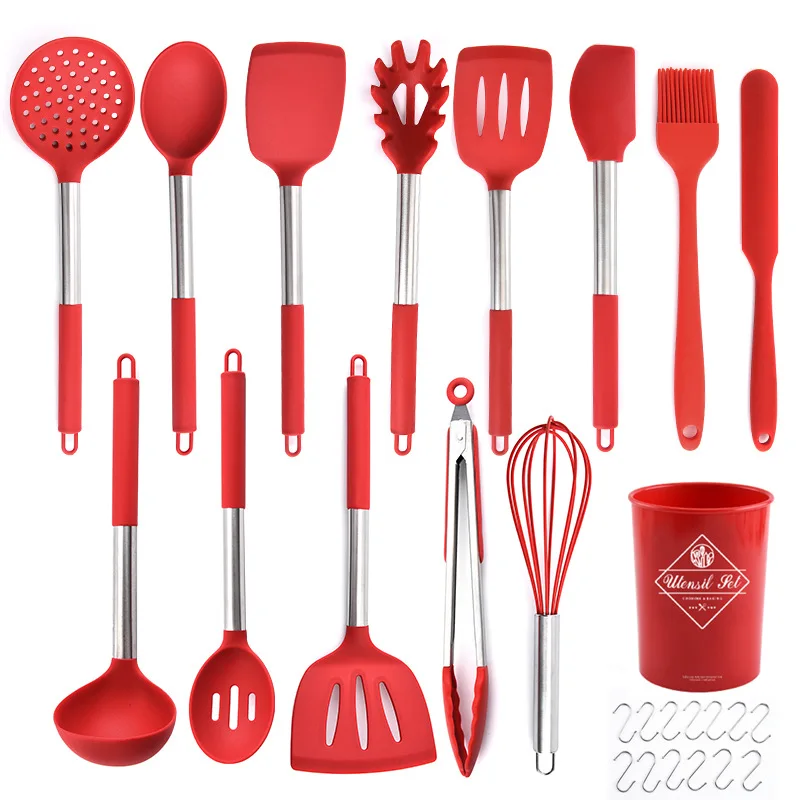 13pcs/set Stainless Steel+Silicone Cooking Utensil Kitchen Tools Soup Spoon Strainer Pasta Server Egg Beater Spatula Food Tongs