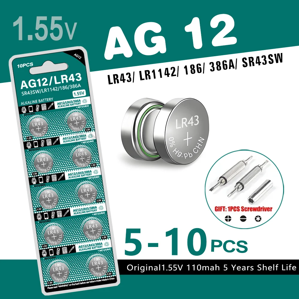 5-10PCS New AG12 LR43 1.55V Lithium Batteries 301 386 L1142 Environmental Protection Button Battery for Watch Battery Remote