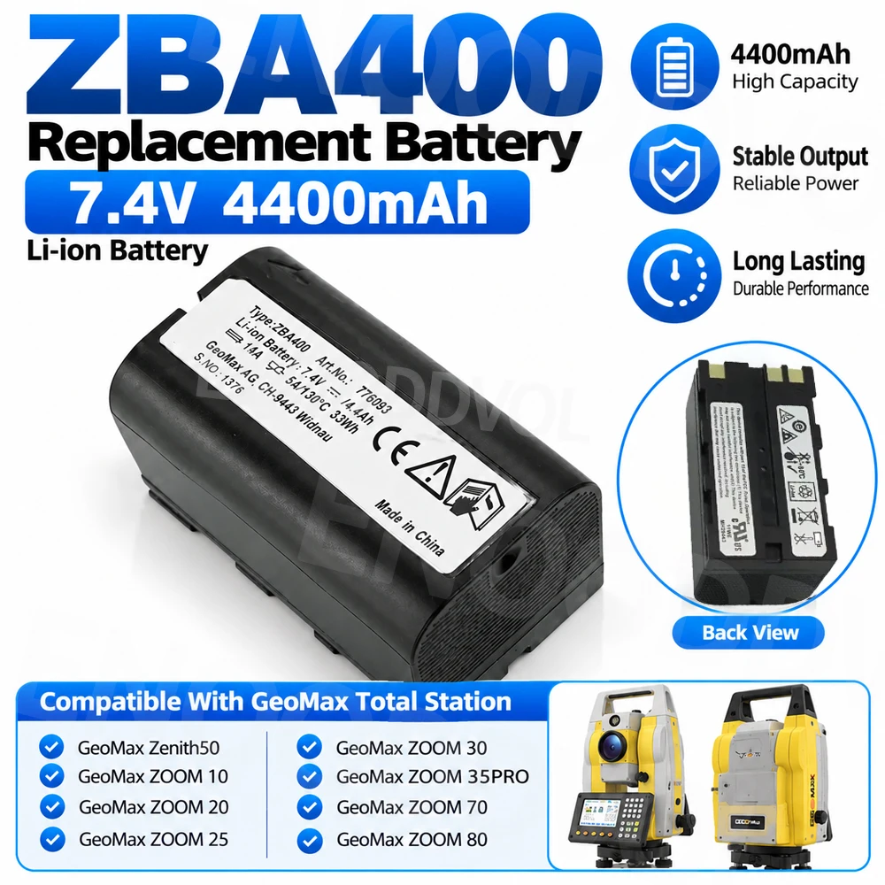 ZBA400 Battery 7.4V 4400mAh Li-ion Replacement Battery for GeoMax Zenith50，ZOOM 10/20/25/30/35PRO Zoom70/80 Total Station